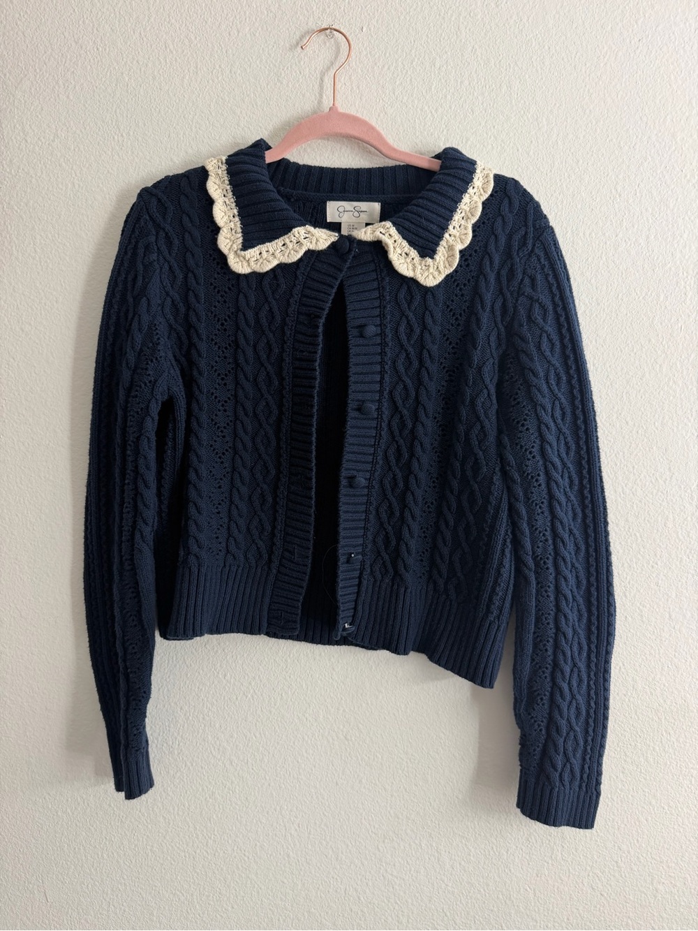 Jessica Simpson Women’s Navy Cable-Knit Cardigan With Cream Scalloped Collar